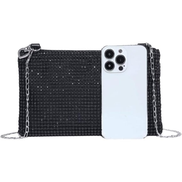 ⚡ Women's Mini Black Shiny Glitter Rhinestone Square Sparkle Evening Clutch Bag - Picture 4 of 7